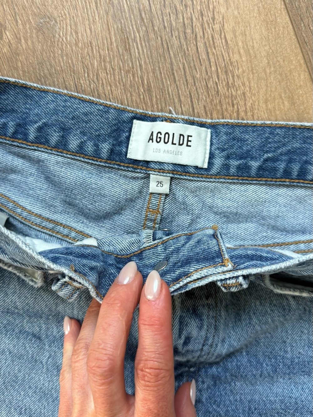 Agolde Parker Long Blue Distressed Cutoff Denim Shorts - Picture 2 of 3